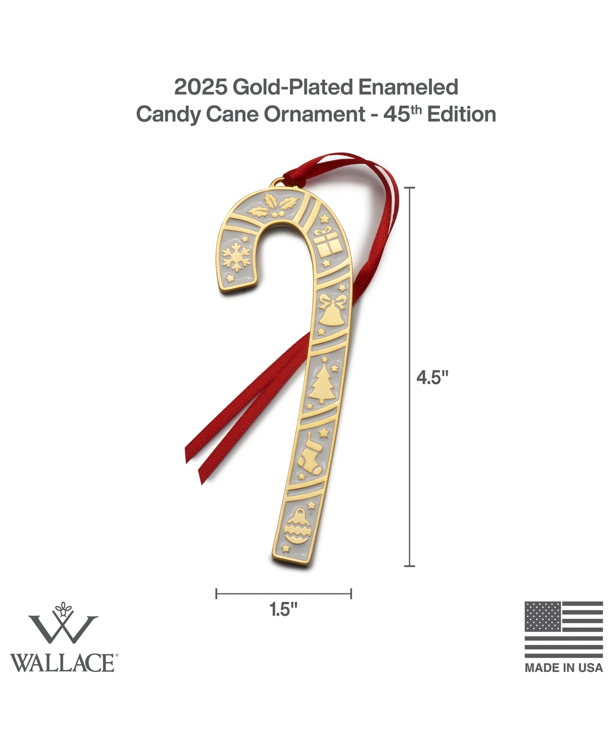 Wallace 2025 Gold-plated Enameled Candy Cane Ornament, 45th Edition In Multi