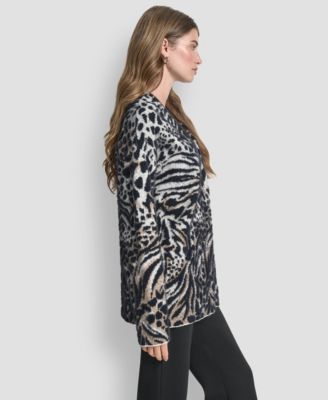 Women's Long-Sleeve Fur Mix Animal Cardigan