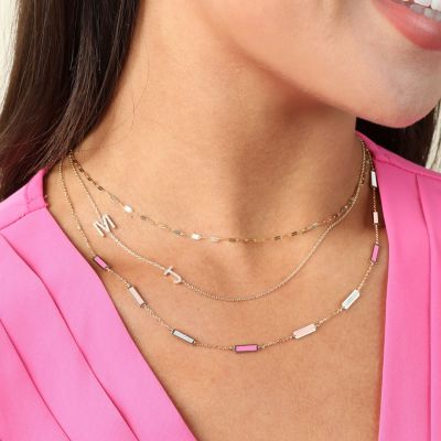 Pink Mixed Bar Chain Necklace 14K Gold