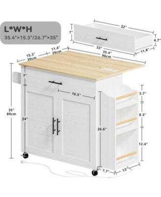 Kitchen Island with Storage, Drop Leaf, 3 Open Spice Rack Shelf, White