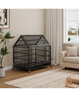 Black Metal 48 in. Heavy Duty Dog Crate with Wheels, Folding Big Dog Cage with a pointed roof and Removable Tray