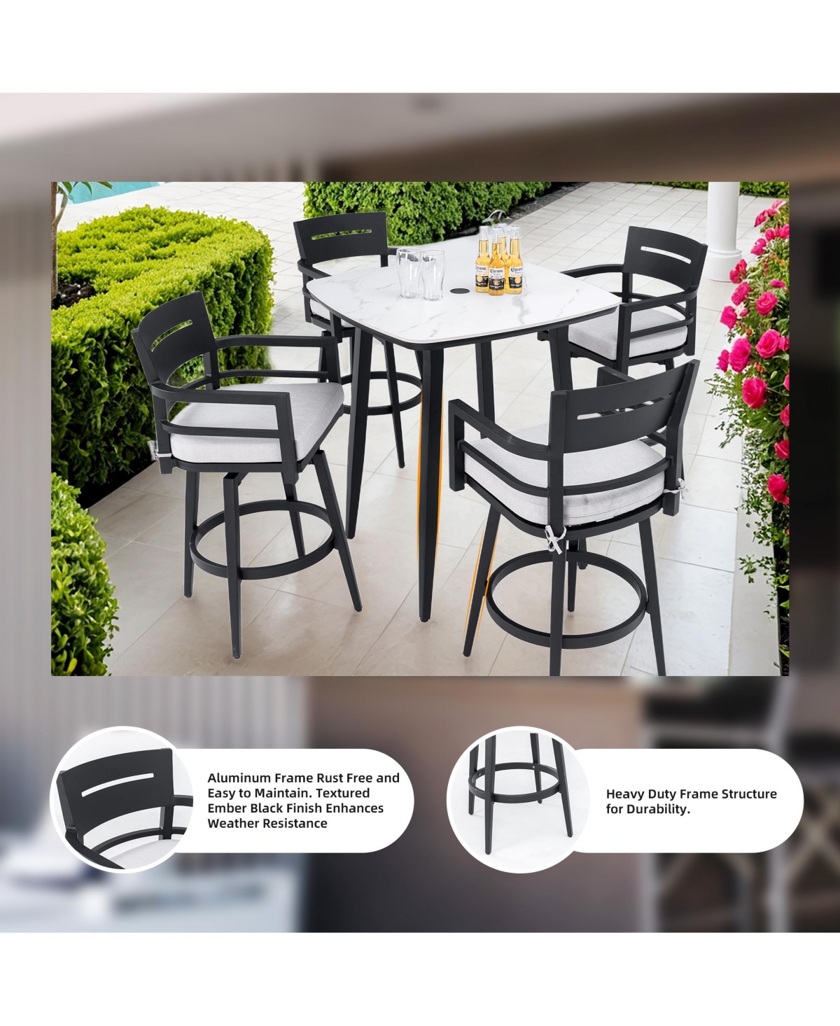 Flynama Modern 2-Piece Aluminum Swivel Bar Chair Set with Sunbrella Cushions