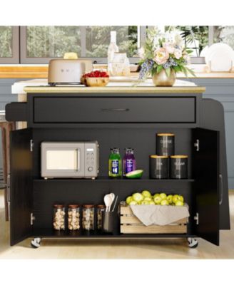 Kitchen Island Cart with Storage, Power Outlet and Drop Leaf, Black