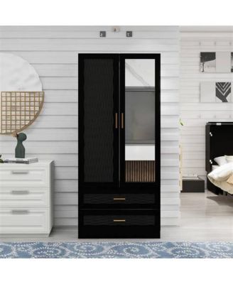 Freestanding Wardrobe Cabinet with Mirror, Clothes Rod, and Storage Drawer Space