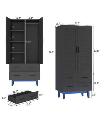 Mid-Century Wardrobe Armoire with Louvered Doors, Drawers, and Hanging Rod