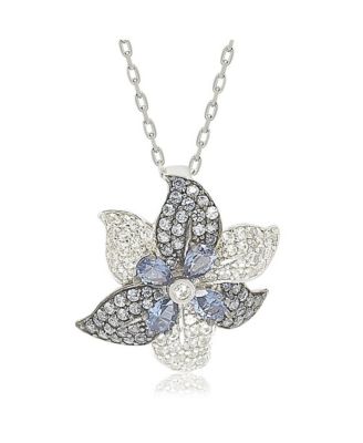 Suzy Levian Sterling Silver Sapphire & Created White Sapphire Exotic Flower Pendant Necklace