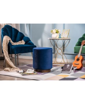 - Blue Velvet Pouf with Wooden Base Vintage Style Upholstery Living Room