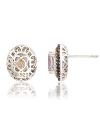 Suzy Levian Sterling Silver Oval Cut Topaz And Sapphire Double Halo Stud Earrings