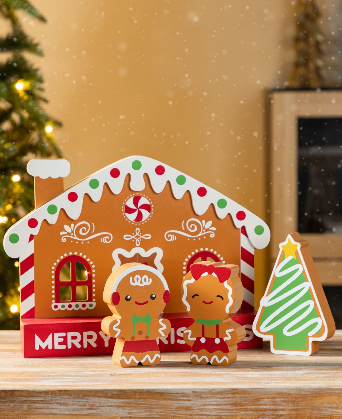 Glitzhome Wooden Christmas Gingerbread House Table Decor, Set Of 4 In Multi