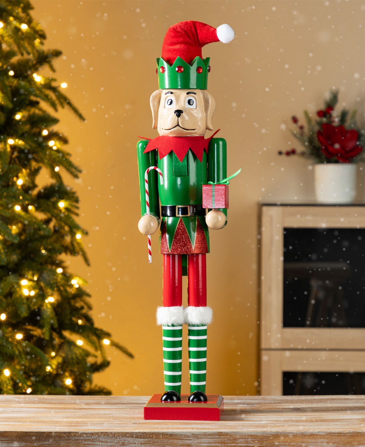 Glitzhome Wooden Christmas Green Brush Tree, Gingerbread Man And Elf Dog Nutcracker, Set Of 3 In Multi
