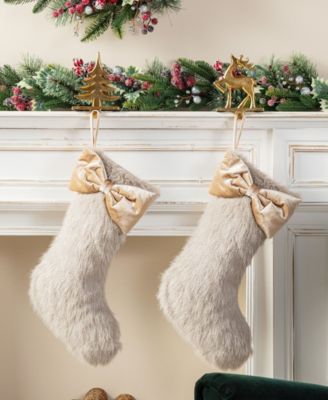 Faux Fox Fur Christmas Stockings with Bow, Set of 2