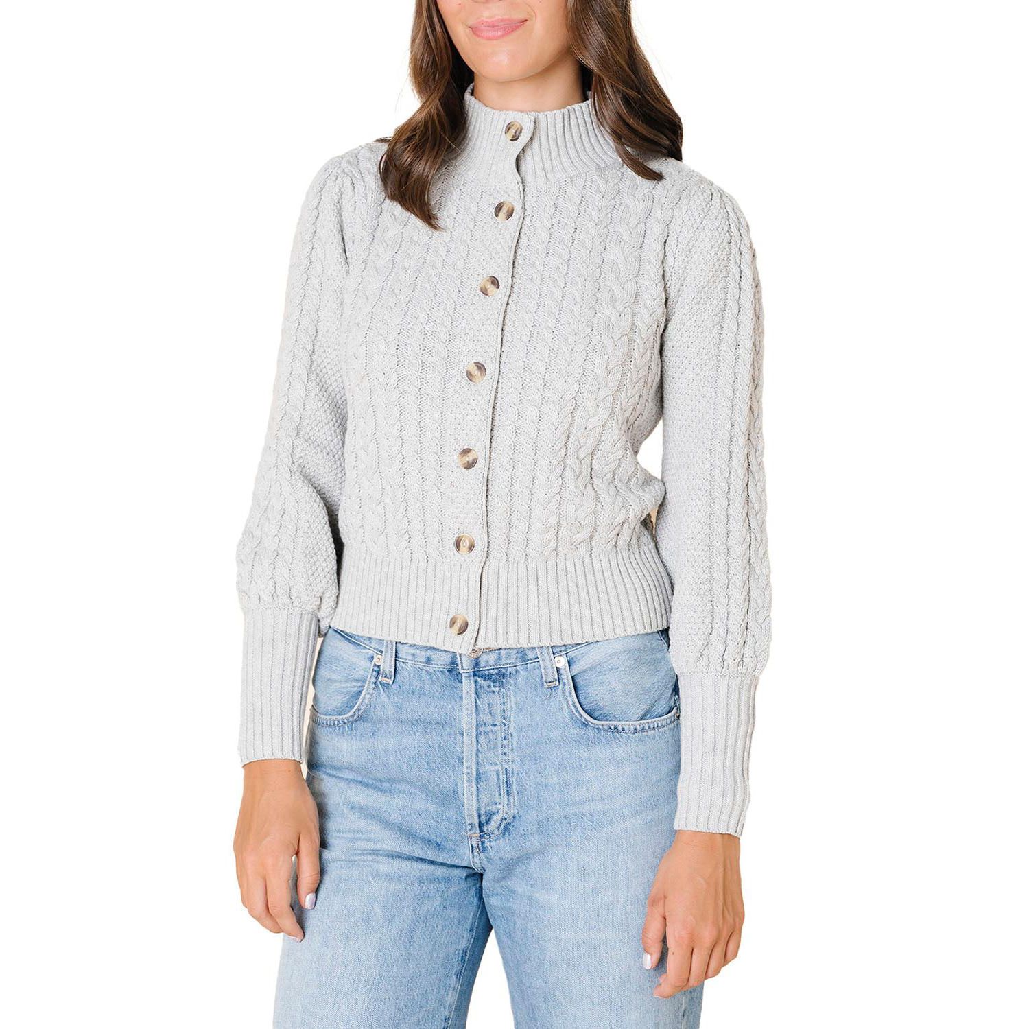 Women's Hope and Henry Organic Mock Neck Cable Cardigan Sweater
