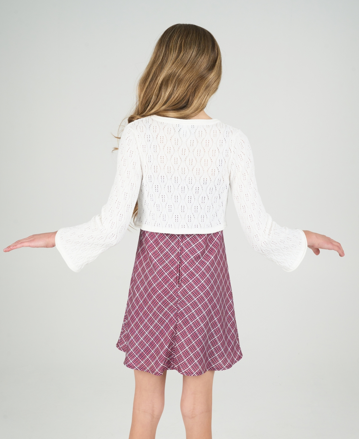 Rare Editions Big Girls 2-piece Plaid Dress With Pointelle Tie Front Cardigan Set In Burgundy