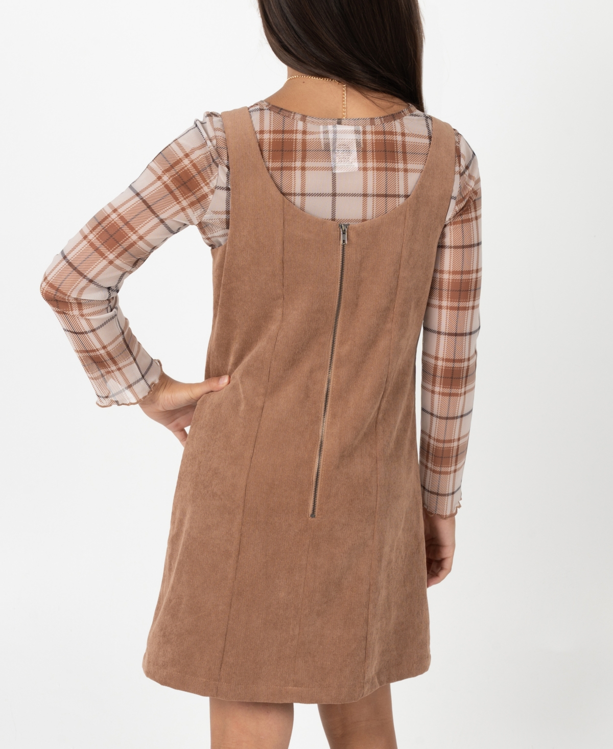 Rare Editions Big Girl 2-piece Corduroy Dress Over Plaid Mesh Top With Necklace Set In Brown
