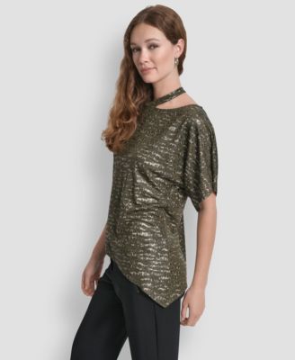 Women's Short Sleeves Cut Foil Printed Top