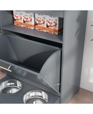 Dog Feeder Cabinet with Raised Bowls and Hooks Grey