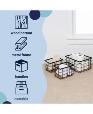 Evvie Vintage Farmhouse Handmade Wire Metal Nesting Storage Baskets with Wood Base, (Set of 3)