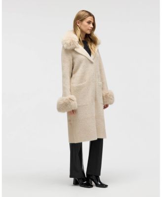 Women's Longline Elegant Coatigan with Detachable Fur Collar and Cuffs