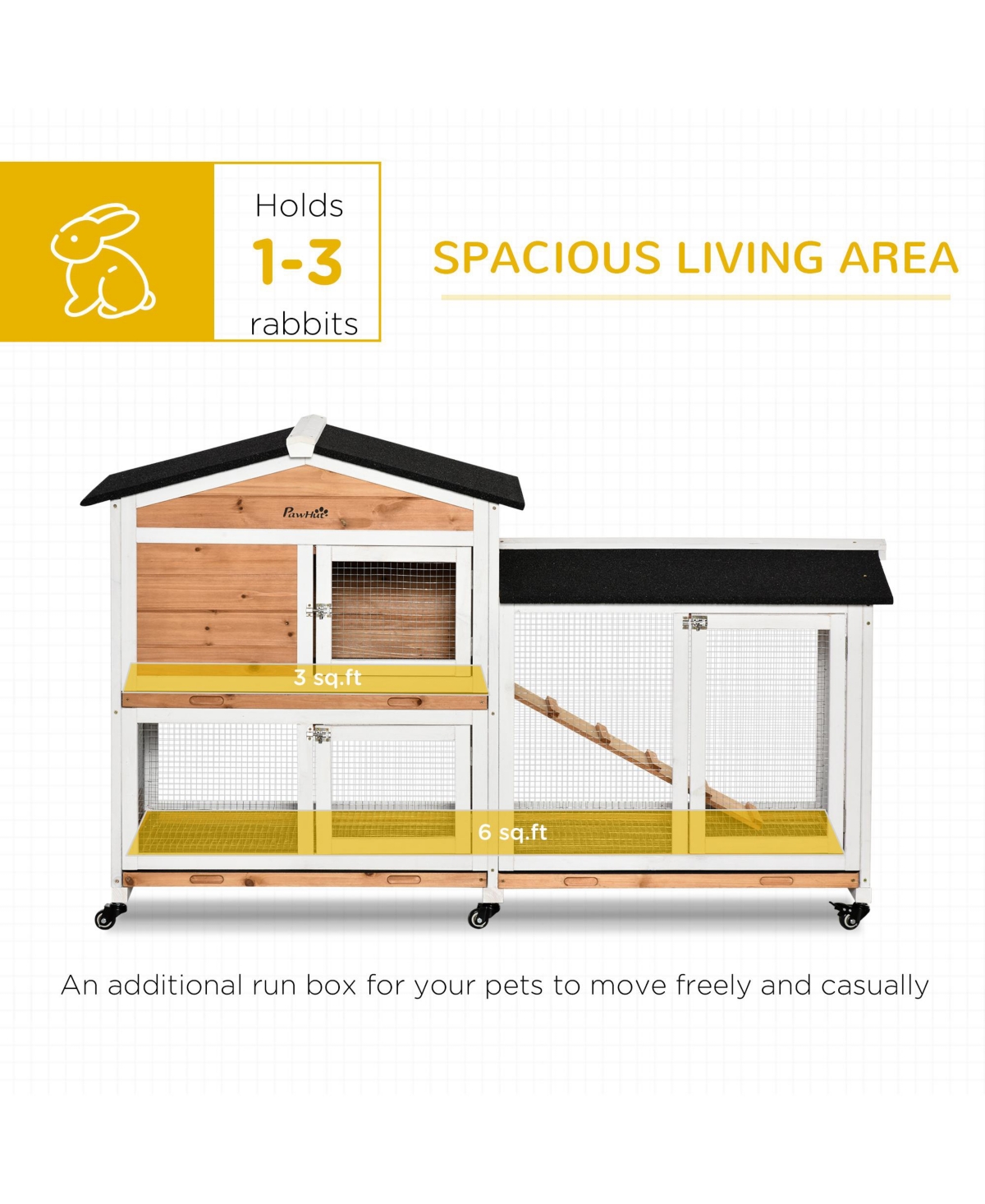 PawHut 62" Wooden Rabbit Hutch with Wheels, Run Box, No Leak Tray, and Ramp