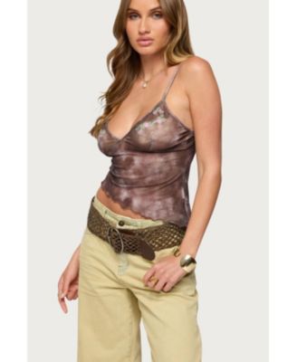 Womens Embroidered Asymmetric Printed Mesh Top