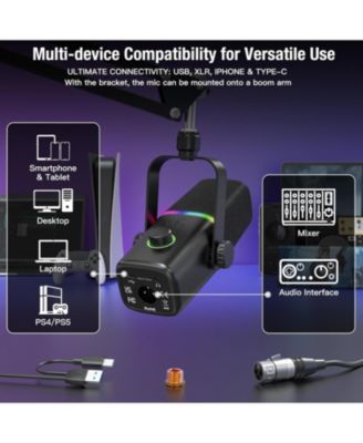 XLR/USB Dynamic Microphone for Gaming Podcast,Mic for iPhone Phone PC Computer Gaming Streaming Microphone with RGB Light,Mute Button,Mic Gain,Headphones Jack,Desktop Stand,Singing YouTube