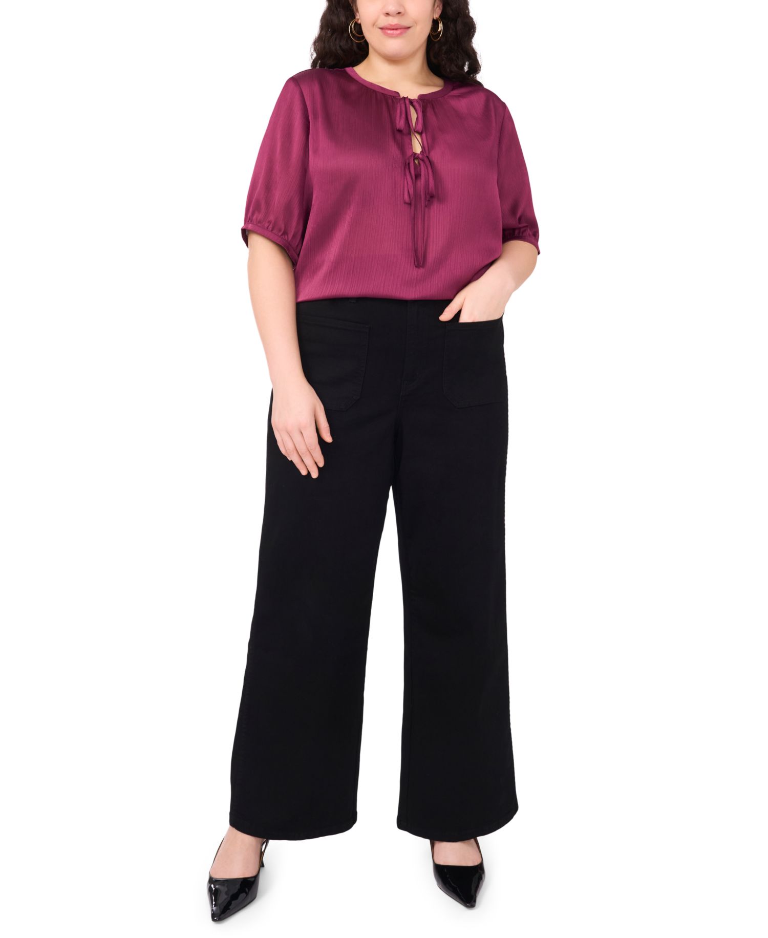 Plus Size Short Sleeve Tie Neck Top