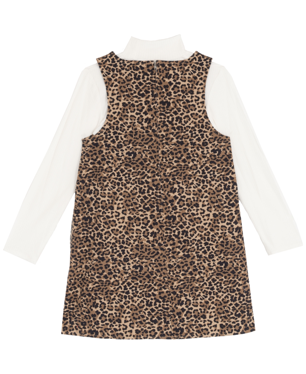 Rare Editions Big Girl 2-piece Denim Animal Printed Dress Over Ribbed T-shirt With Necklace Set In Brown