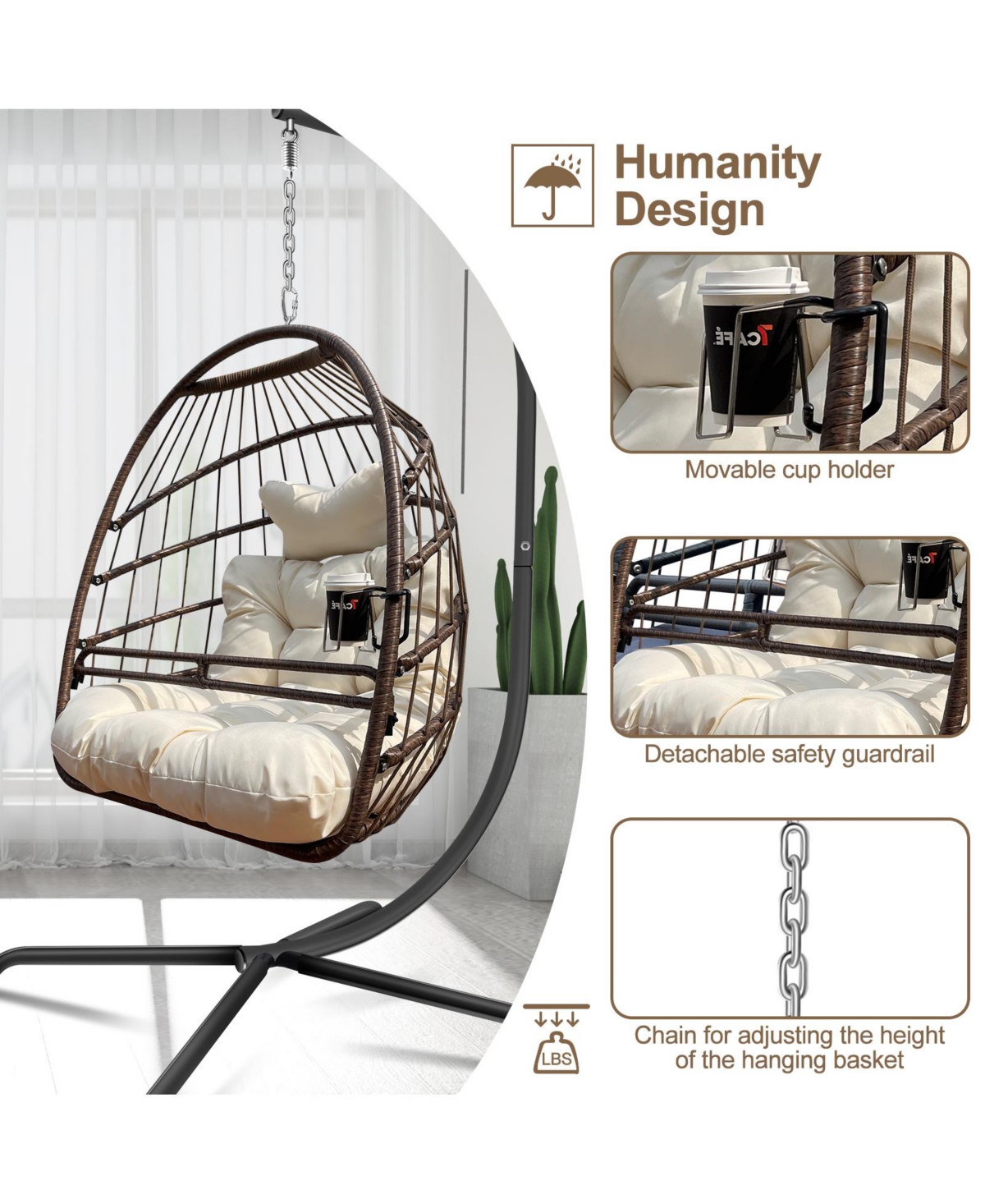 Flynama 350lb Capacity Wicker Egg Hanging Chair with Stand Removable Guardrail and Cup Holder