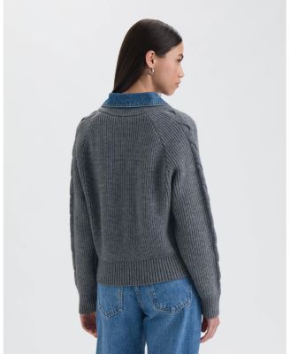 Women’s Twofer Cable Front Sweater with Denim Collar