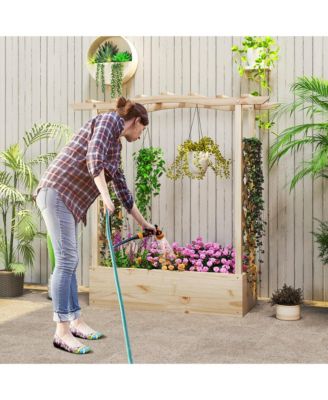 Wooden Raised Garden Bed w/ Trellis & Hanging Roof Planter Box Drainage System