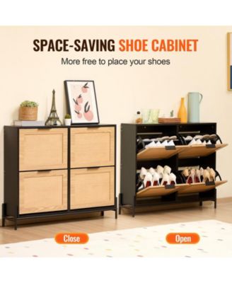 Narrow Rattan Shoe Cabinet with 4 Flip Drawers, Slim Entryway Storage with Metal Legs