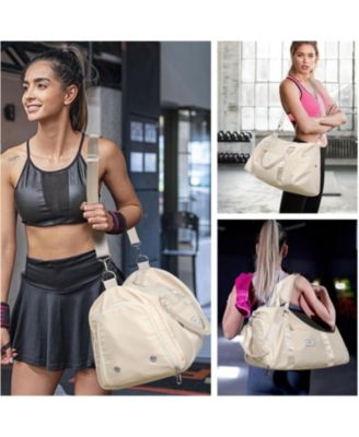 Womens Gym Tote Duffle Bag with Wet Pocket & Shoe Compartment, Sports Duffel Overnight Weekender Hospital Workout Carry on Bag for Girls, Ideal for Travel, Swimming, Dance, Ballet Beige