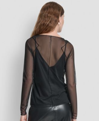 Women's Long Sleeves Exposed Seam Mesh Top