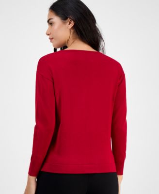 Petite Embellished Boat-Neck Long-Sleeve Top 