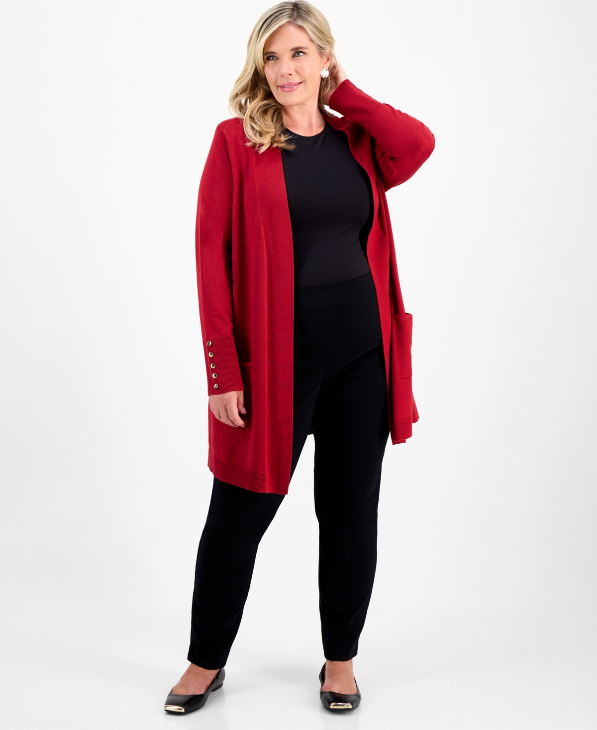 Jm Collection Plus Size Open-front Long-sleeve Cardigan, Exclusively At Macy's In Red