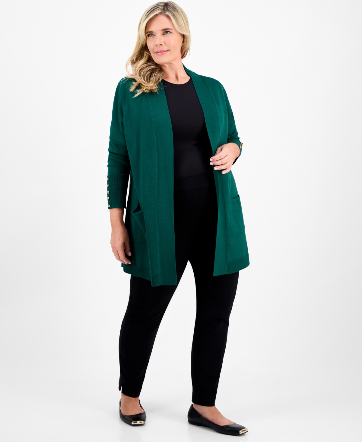 Jm Collection Plus Size Open-front Long-sleeve Cardigan, Exclusively At Macy's In Green
