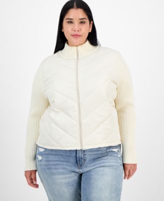 Madden Girl - Trendy Plus Zip-Front Mixed-Media Puffer Cardigan