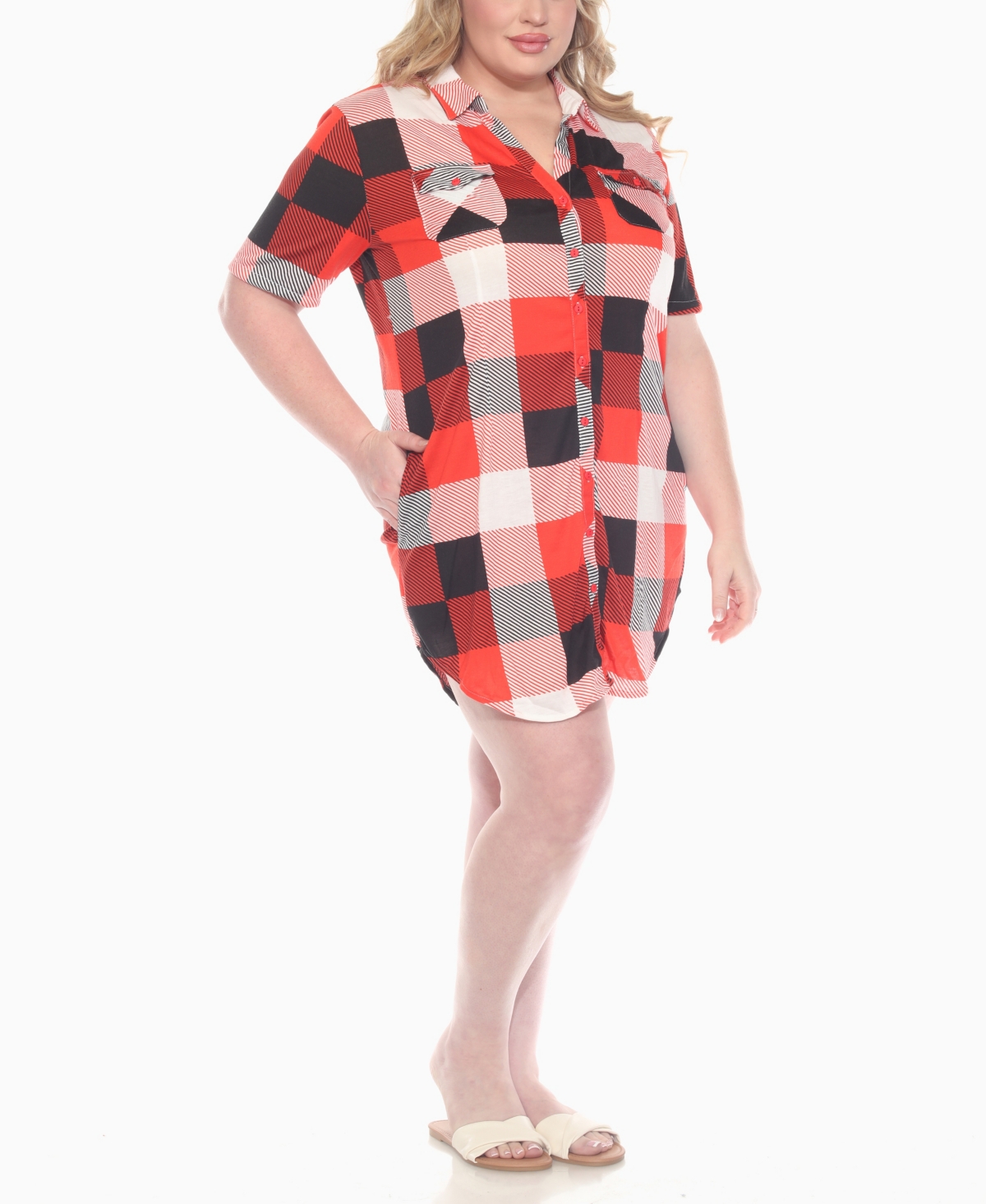 White Mark Plus Size Short Sleeve Plaid Button-down Shirt Dress In Multi