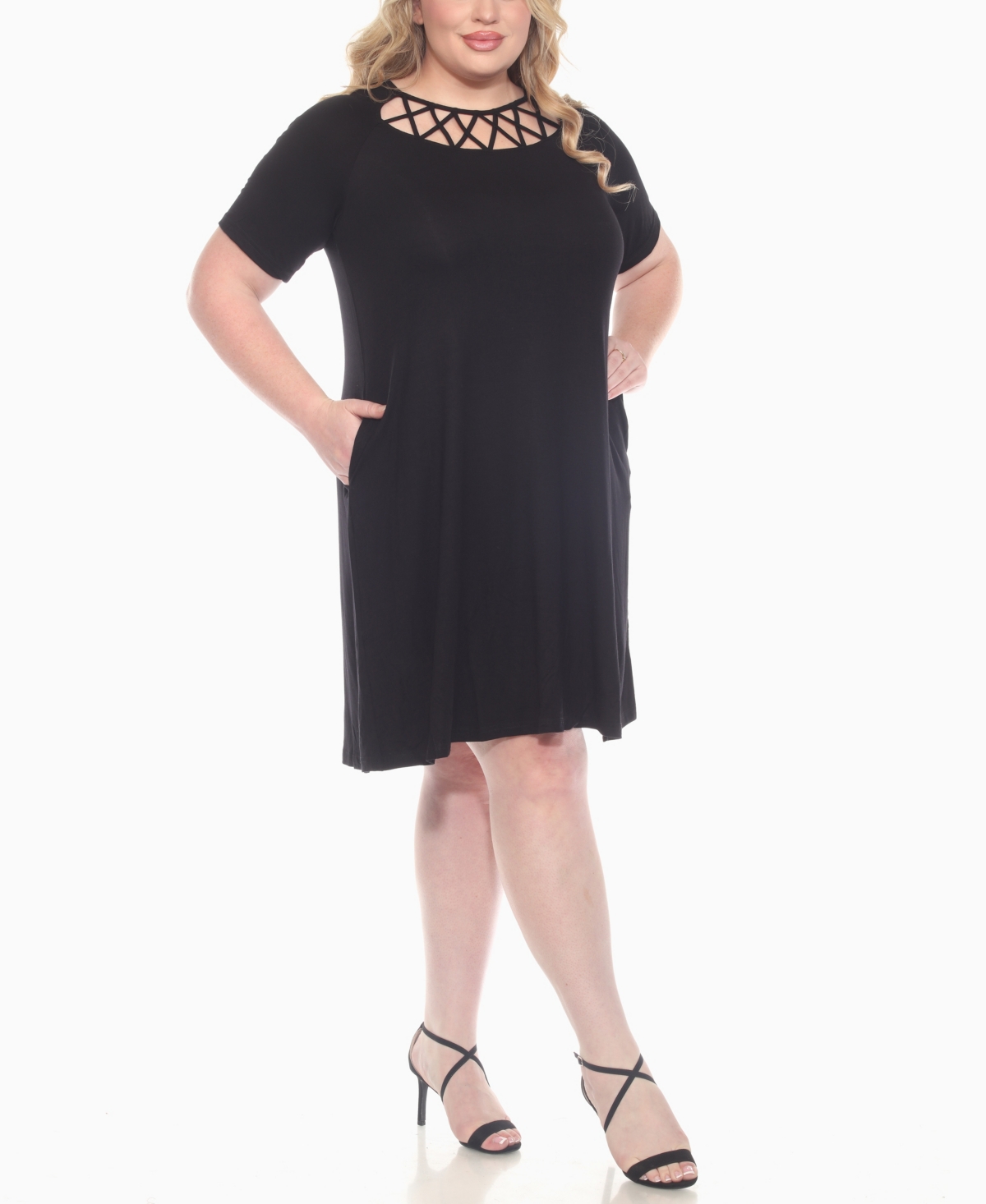 White Mark Plus Size Short Sleeve Crisscross Neck A-line Dress In Black