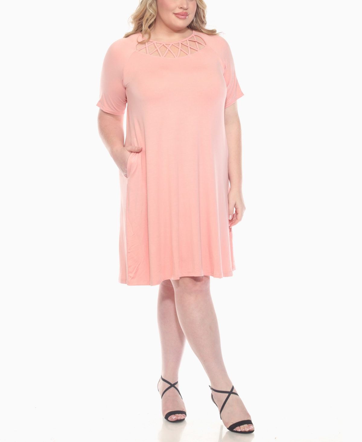 White Mark Plus Size Short Sleeve Crisscross Neck A-line Dress In Pink