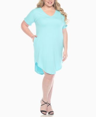 Plus Size V-Neck Folded Sleeves and Pockets Knee-Length Dress