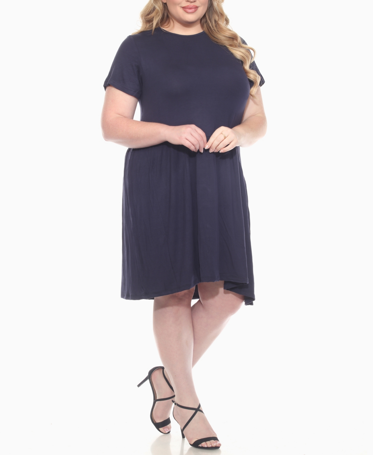 White Mark Plus Size Asymmetrical Waist And Short Sleeve Swing Dress In Blue