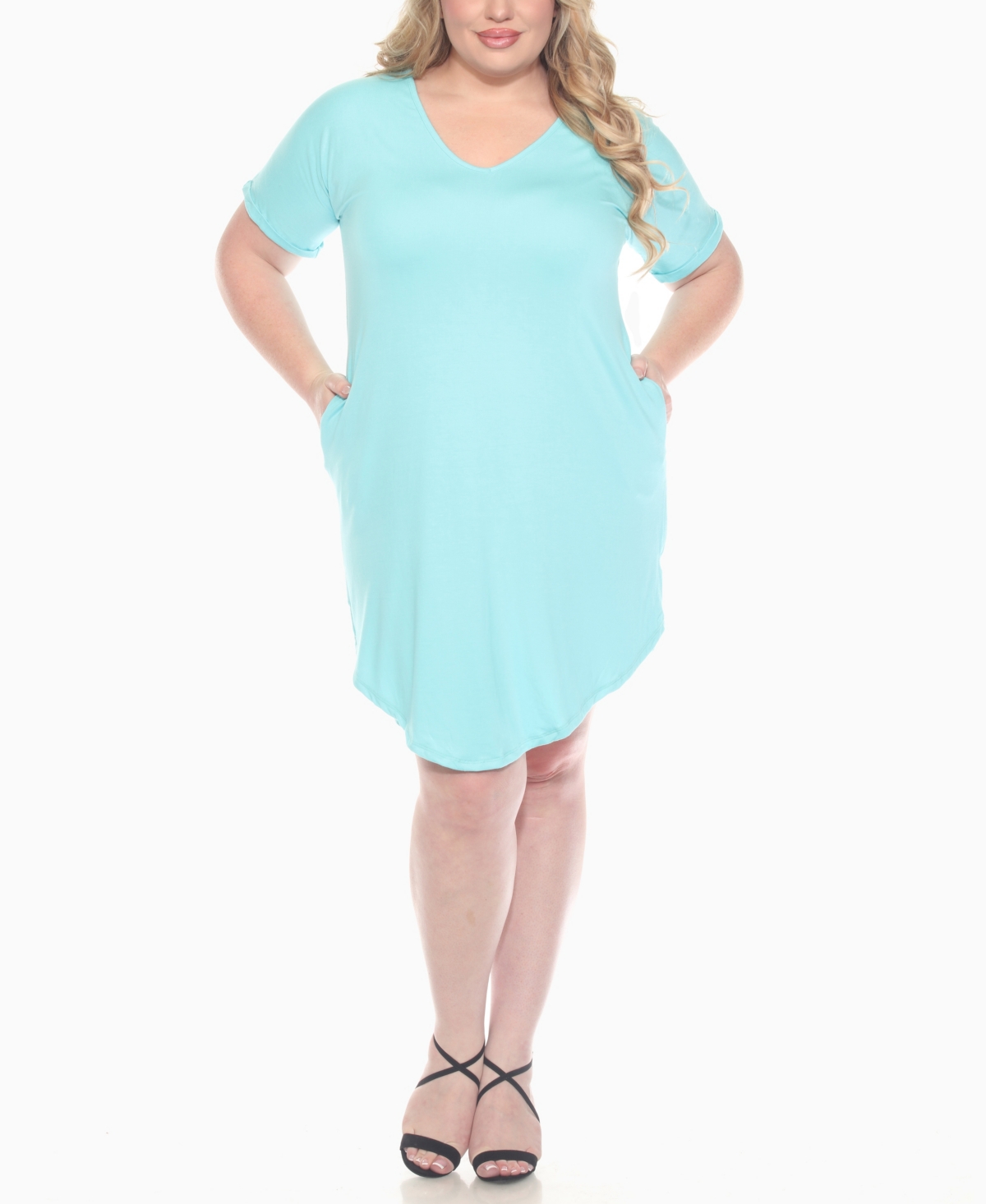 White Mark Plus Size V-neck Folded Sleeves And Pockets Knee-length Dress In Blue