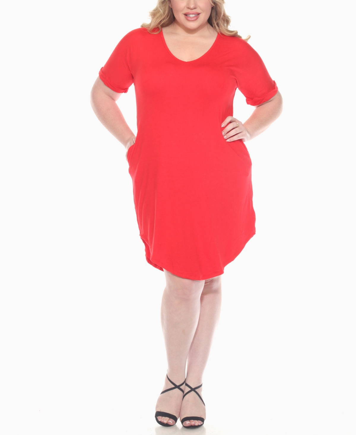 White Mark Plus Size V-neck Folded Sleeves And Pockets Knee-length Dress In Red