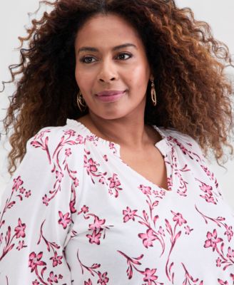 Plus Size Split-Neck 3/4-Sleeve Top, Macy's Exclusive