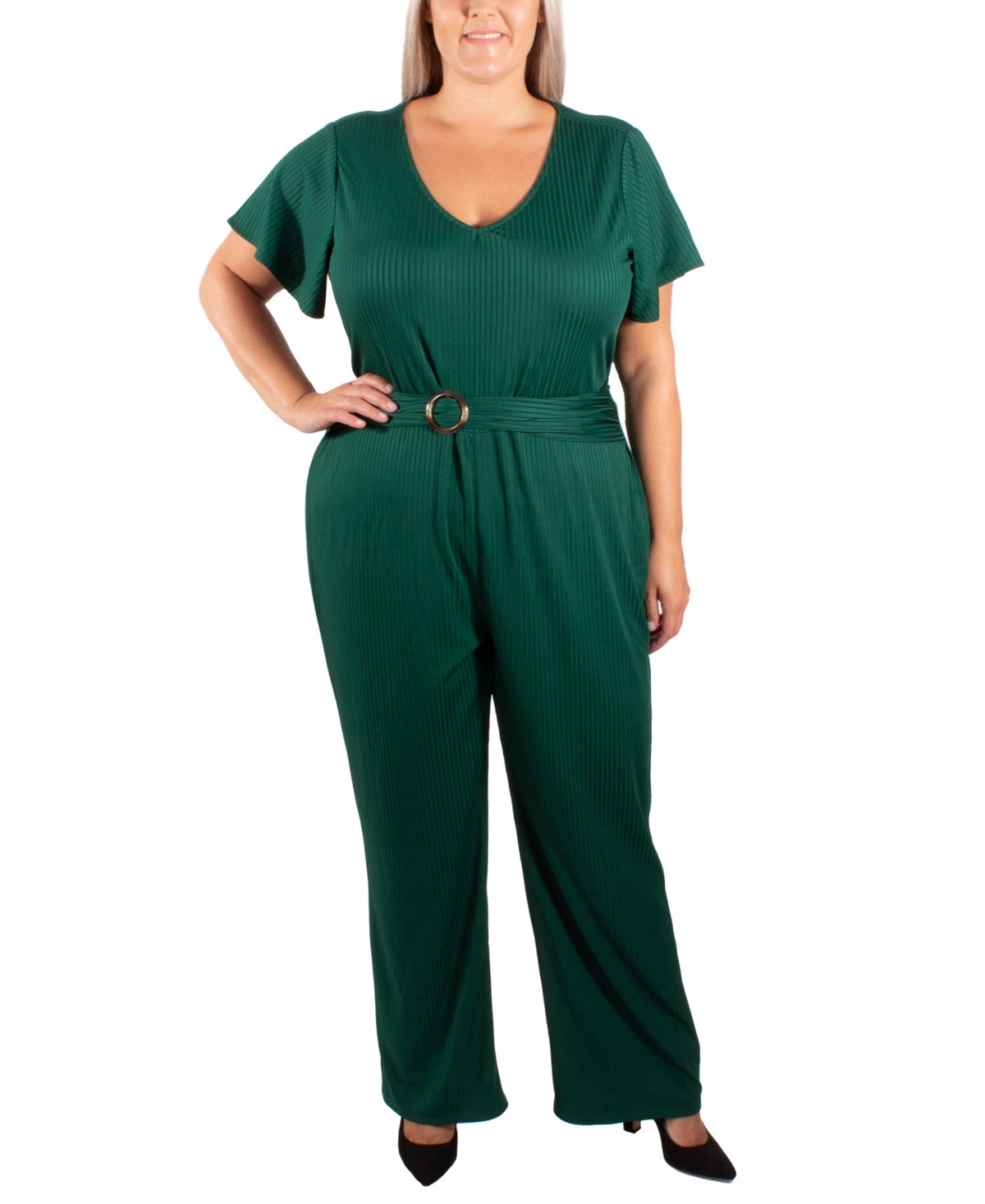 Ny Collection Plus Size Short Sleeve Textured Knit Jumpsuit In Green