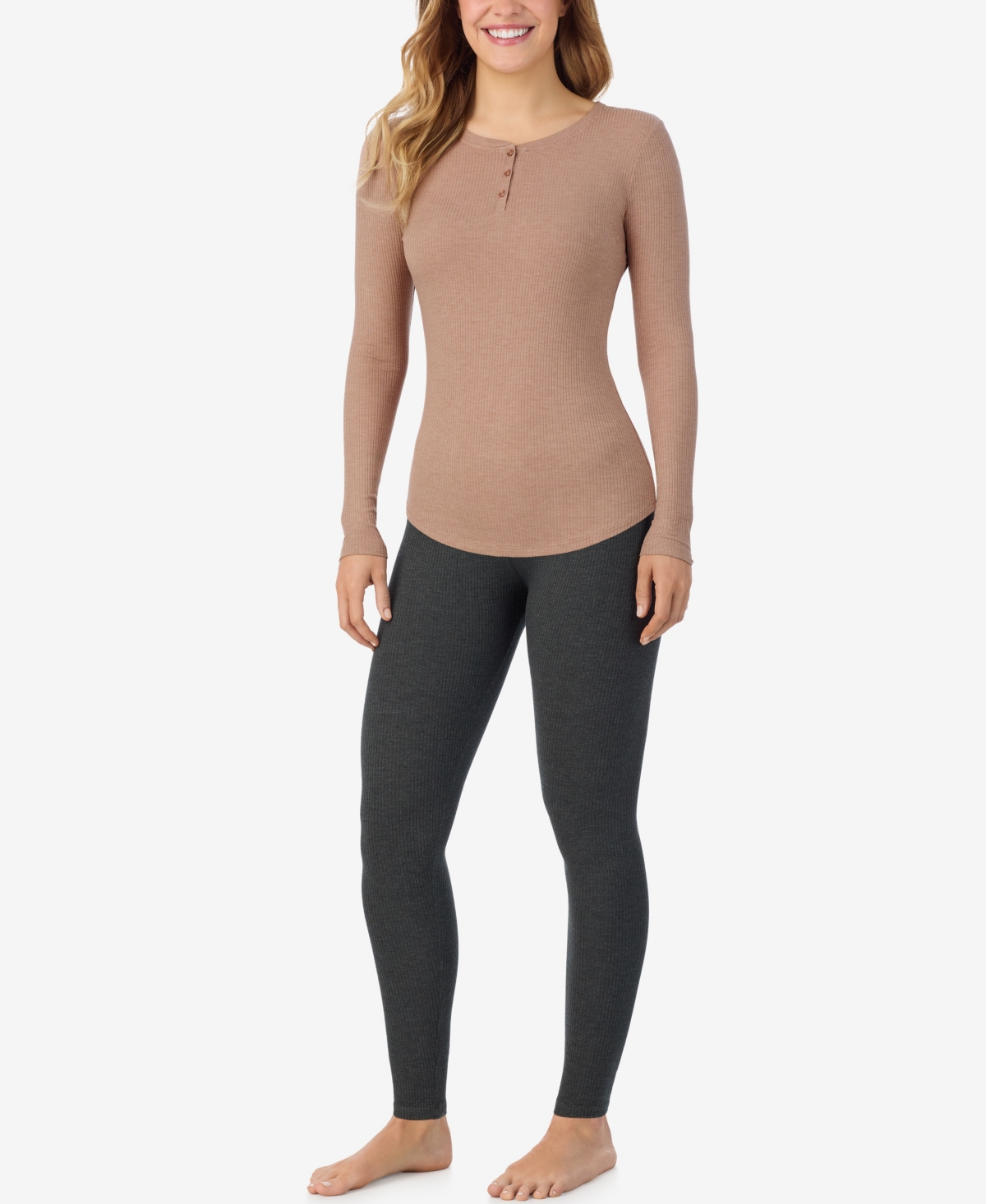Cuddl Duds Petite Henley Neck Long Sleeve Top In Brown