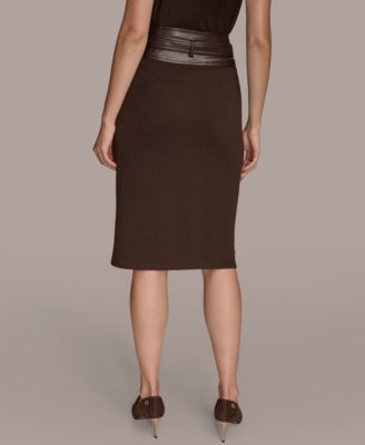 Women's Faux Leather Trim Belted Pencil Skirt