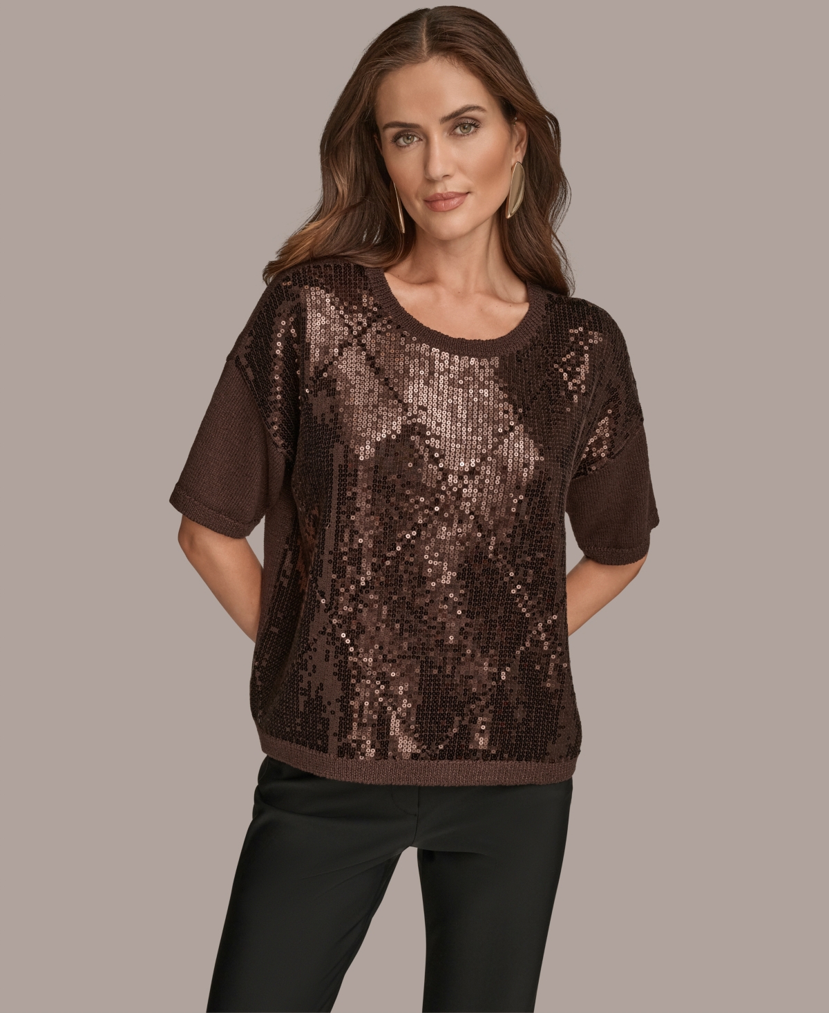 Donna Karan New York Short Sleeve Sequin Sweater In Brown