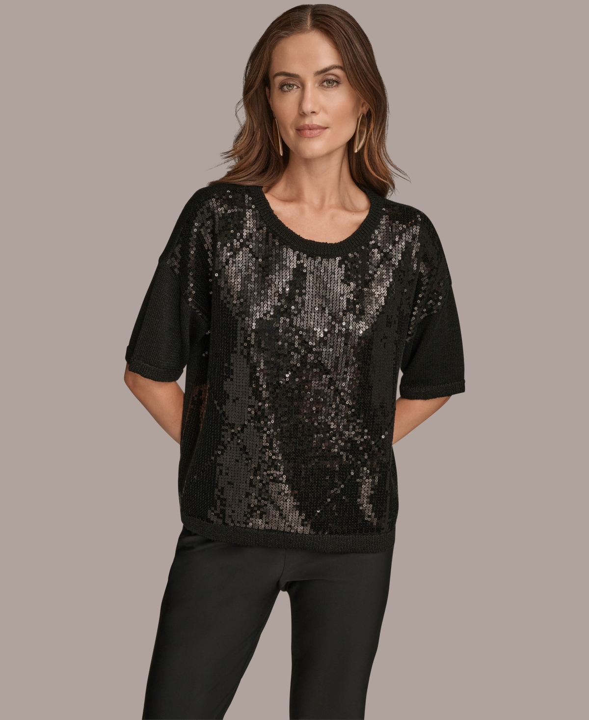 Donna Karan New York Short Sleeve Sequin Sweater In Black
